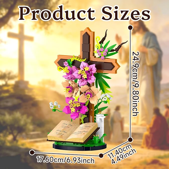 Jesus Cross Flowers Building Blocks Set Religious Crucifix Compatible with Jesus Building Toy for Decor Catholic Bible Building Toys Christmas Easter Gift for Christian Adults Boys Girls 363PCS