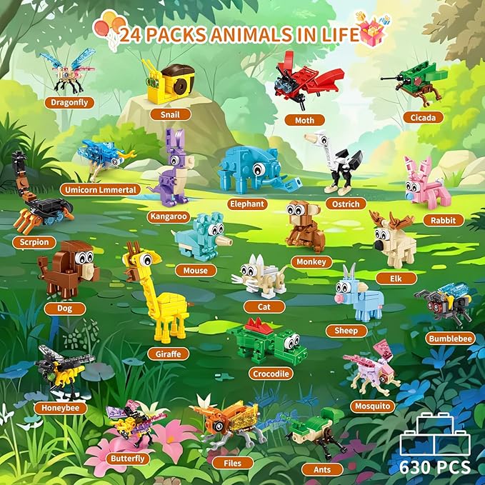 Party Favors for Kids - 24 Pack 72 Kinds of Animals Building Block Toy Goodie Bags Fillers Classroom Carnival Prizes Stuffers Gifts Building Set Christmas Birthday Gift for Boys Girls Ages 6-12