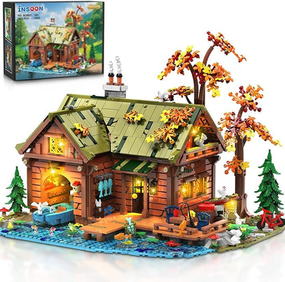 Overwater Cabin Mini Building Set with Light 2423 PCS Wooden Forest House Building Block Toy with Boat Bike Animals Home Decor Treehouse Construction Model Kit for Adults Teens Boys Girls 12+