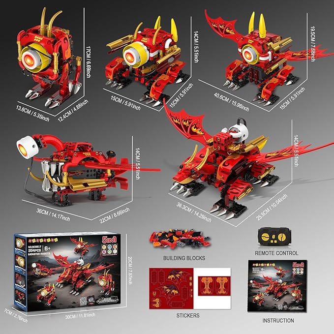 HOGOKIDS 5-in-1 Dragon Robot Building Toys with 6 Lighting Colors &amp 5 Light Effects - 354PCS Remote &amp App Control Robots Toy Set for Kids RC Robot Building Toys Gifts for Teens Boys Girls Age