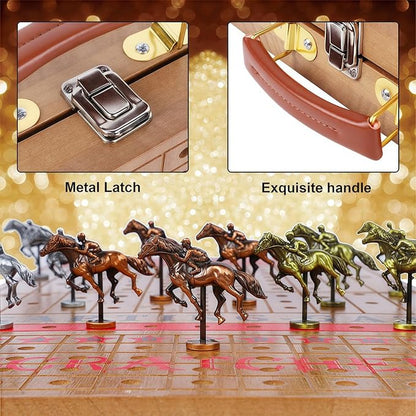 Glintoper Large 21 Horse Racing Game Horse Race Board Games with 11 Luxury Metal Horses Foldable Wood Board with 2 Dices 2 Boxes of Cards 40 Poker Chips Finish Line for Parties
