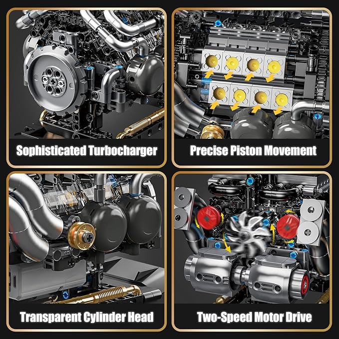 W16 Engine Building Blocks Set for Adults STEM Mini 16-Cylinder Engine Model Kit That Runs Compatible with Lego Car DIY Physical Science Experiment Toy for Teens Boys 8-14+ (801 PCS)