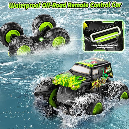 Amphibious Remote Control Monster Truck for Kids Self-Balancing 4WD Stunt RC Truck with Wheelie Action Waterproof All-Terrain Off-Road Big Tire Toy Car for Boys Girls Ages 6–12 Pool Gift