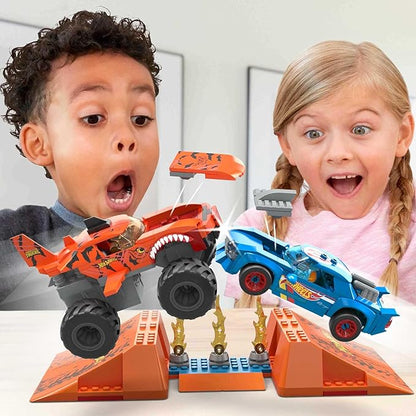 MEGA Hot Wheels Monster Trucks Toy Building Set Smash &amp Crash Tiger Shark Chomp Course with 245 Pieces 2 Micro Figure Drivers Orange Age 5+ Years