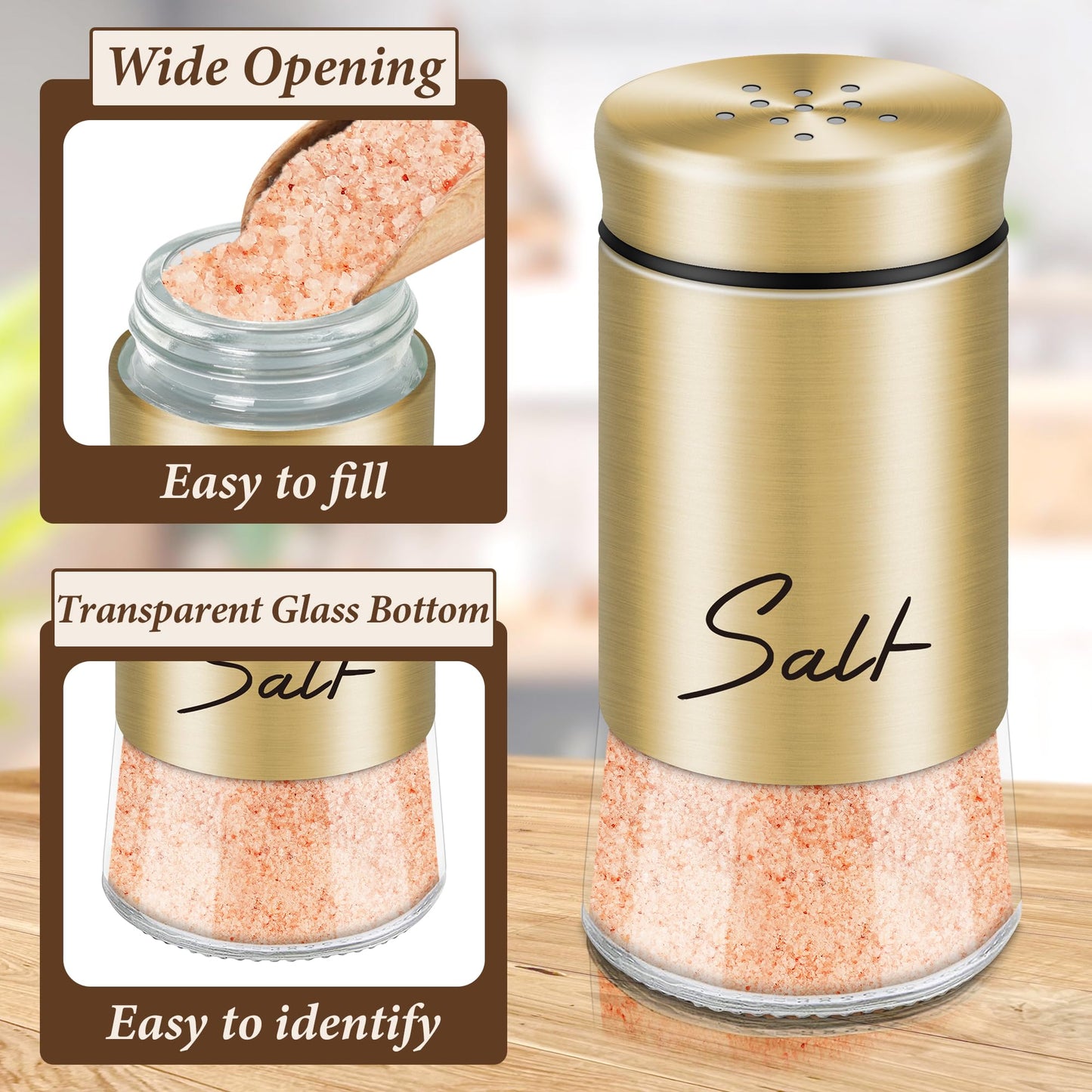 Gold Salt and Pepper Shakers Set, 5 oz Modern Farmhouse Kitchen Decor and Accessories for Restaurant, Wedding, Housewarming Gifts Refillable Design (Gold)