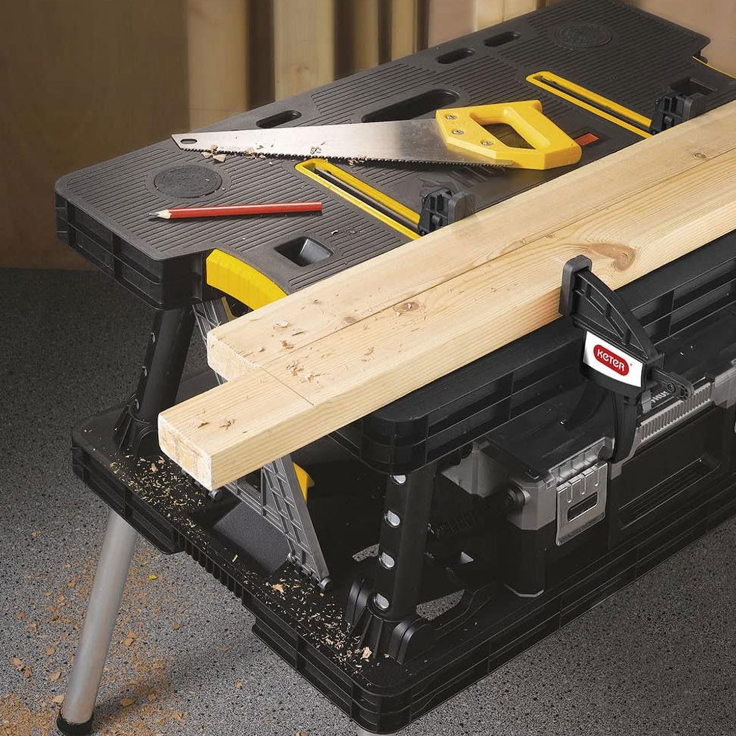 Keter Folding Work Table, Portable Workbench w/ 12" Clamps for Garage/Wood Shop - Heavy-Duty and All-Weather for DIY Home Improvements and Worksites