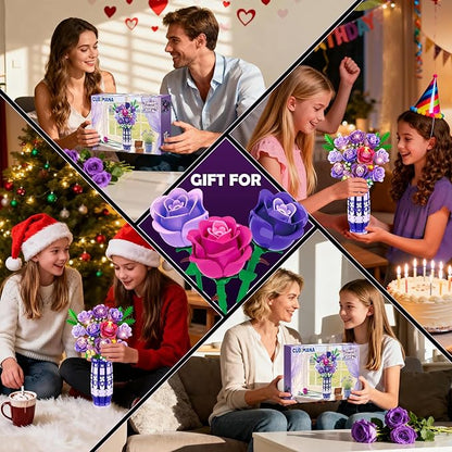 Purple Roses Flowers Building Set with Vase &amp LED Light 17 Mini Flowers Bouquet Building Blocks Toy for Adults Artificial Flowers for Home Office Decor &amp Display Gifts for Women &amp Men
