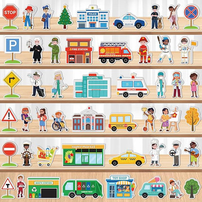 50 Pcs Wooden Community Helpers Play Set Community Includes Little Wooden People Buildings Cars Multicultural Figurines Toy Preschool Little Professionals Block Character (Classic)
