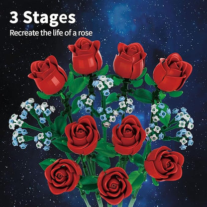 Red Rose Bouquet Building Set 649 PCS 9 Red Roses Compatible with Lego DIY Artificial Flowers Building Blocks Creative Home Décor &amp Gift for Halloween &amp Valentines Wedding Anniversary