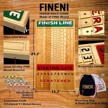 Horse Racing Game for Adults With 11 Luxurious Metal Horses (Silver Black Rose Gold) 22 Pine Wood Race Game Board Dice &amp Card Included (Log Color3)