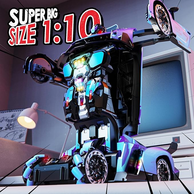 Holyton Big 1:10 Scale Transform RC Car &amp Robot – One-Button Transformation Gesture Sensing LED Lights Music &amp Fog Spray 2 Batteries 80 Mins Play Birthday Gift for Boys Girls Ages 3-12