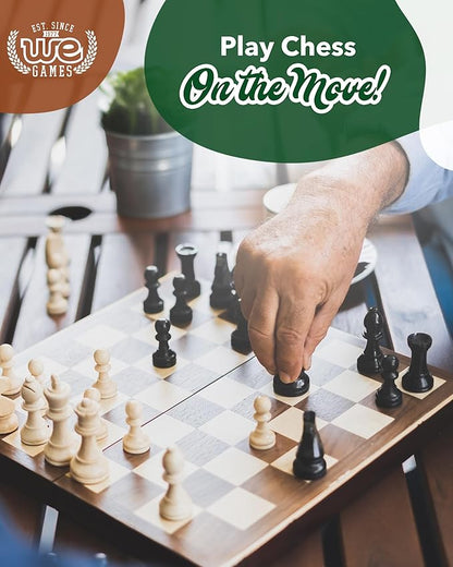 WE Games Chess Set - Tournament Style with 34 Pieces Vinyl Roll-Up Board Storage Bag &amp Equalizer Dice. Ideal for Adults