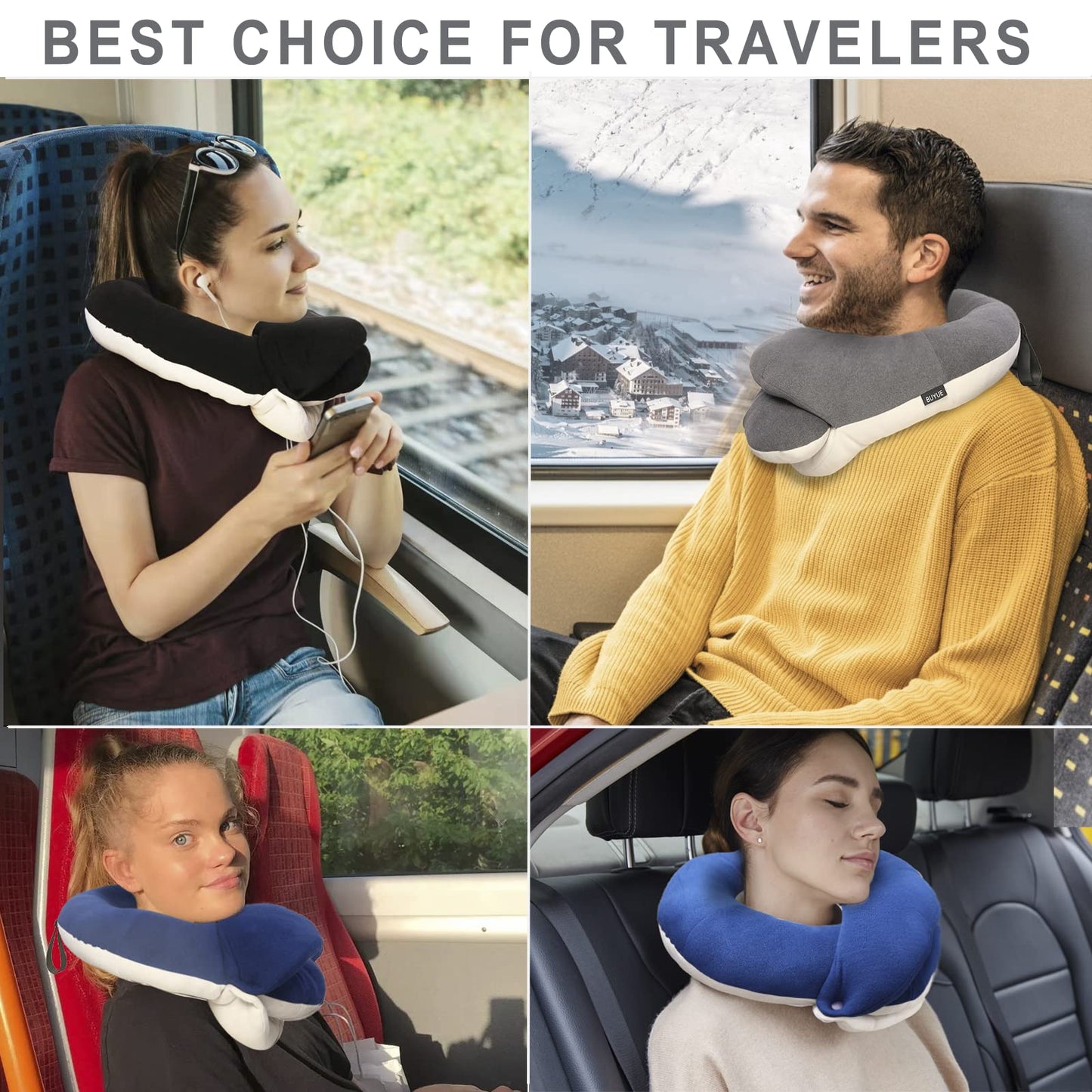 BUYUE Travel Neck Pillows for Airplanes, 360° Head Support Sleep for Long Flight, Skin-Friendly & Breathable, Kit with 3D Contoured Eye Mask, Earplugs and Storage Bag (Adult, Grey, 90+ lbs)