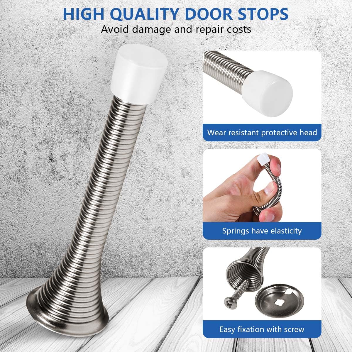 KISEER 12 Pack Spring Door Stops 3 1/4 Inch Flexible Heavy Duty Spring Door Stopper with RustProof Screw Rubber Bumper Tips (Satin Nickel)
