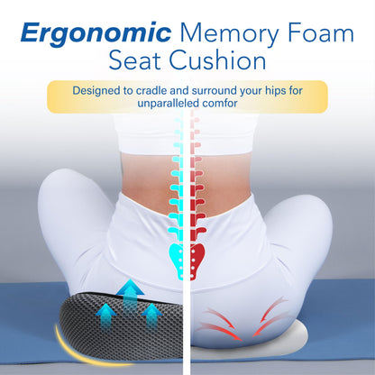 Car Seat Cushion, Ergonomic Memory Foam Car Cushion for Sciatica Pain Relief, Larger Driving Seat Pillow for Short Drivers on Long Drives - Butt Pillow for Truck, Office, Wheelchair - Black&Gray