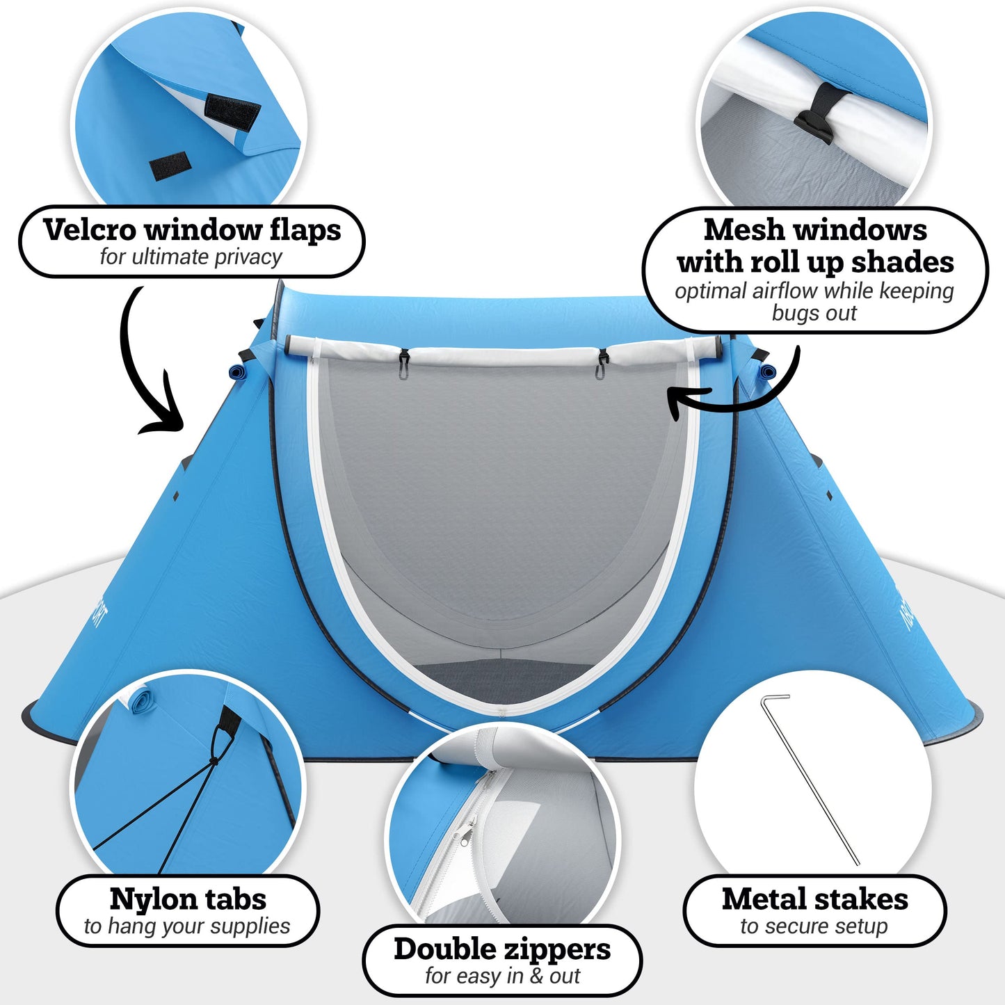 Abco Tech Pop Up Tent - Portable Tent for Camping 2 Person Pop Up with Double Doors - Water-Resistant and UV Protection - Foldable Cabana with Zipper and Carrying Bag - Sky Blue, 88.6"x47.2"x37.4"