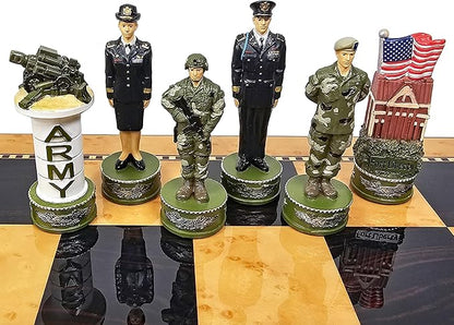 US Military Chess Set Army Navy Air Force or Marines. Choose 2 Branches of Men with 17 inch Walnut Color Storage Board (Army vs Marines)