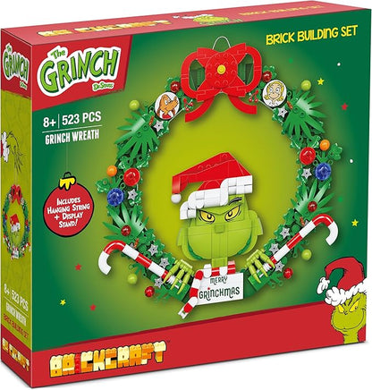 Brickcraft Grinch Wreath Brick Building Blocks Kit 523 PCS Christmas Holiday Décor Fun Hanging Display &amp DIY Decoration Perfect for Kids Teens &amp Adults Festive Grinchmas Collectible Xmas