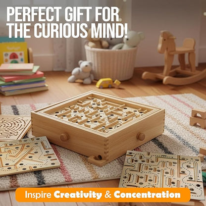 Sterling Games Wooden Labyrinth with 3 Swappable Boards – Classic Maze Game with 60 36 and 25 Waypoints – Wooden Tilt Puzzle with Knob Control and 3 Steel Marbles for Kids Age 6+