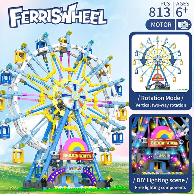 2026 Newly Upgrade Ferris Wheel Building Set with Fairy Light Two-Way Rotating Ferris Wheel Building Blocks Set of 813 PCS Amusement Park Model Kit for Kids Ages 8+ Ideas Gift for Boys and Girls