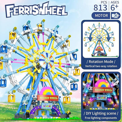 2026 Newly Upgrade Ferris Wheel Building Set with Fairy Light Two-Way Rotating Ferris Wheel Building Blocks Set of 813 PCS Amusement Park Model Kit for Kids Ages 8+ Ideas Gift for Boys and Girls