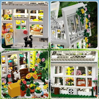 Flower House Building Mini Set with LED City Street View Greenhouse Building Blocks Toy Valentine Xmas Gift for Friends or Girls 8-12 Year