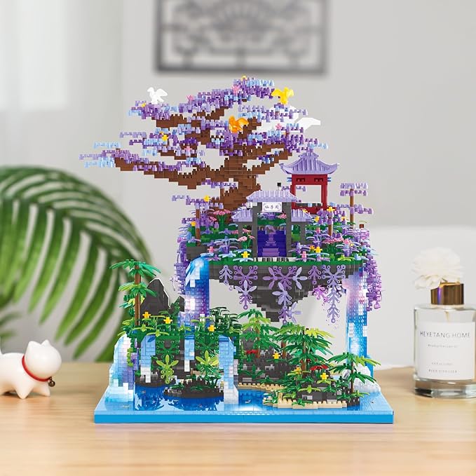 Chinese Moon Palace Pavilion Building Blocks Set - Micro Miniature Bonsai Tree House with String Lights and Flowers for Adults Teens 14+ (4574 Pieces)