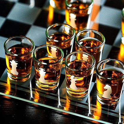 Shot Glass Chess Set 9.45-Inch Chess Board with 32 Mini 1.34-Inch Shot Glass Pieces Adult Drinking Chess Game for Parties Fun Novelty Gift