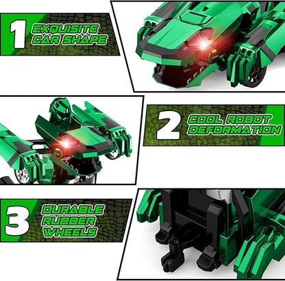 Dinosaur Transform Rc Cars 2.4Ghz Remote Control Car Transforming Robot with Flashing Light 360° Rotation One Button Deformation Car Toy Gifts for Boys Age 4-7 8-12