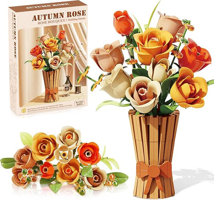 Flowers Set with Vase for Adults Compatible with Lego Flowers Icon Roses Bouquet Botanical Collection Kits Artificial Flower Set Valentines Day Gifts for Her Him Kids 14+ Home Office Decorations