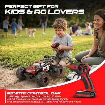 Remote Control Car 2.4GHz high Speed 20km/H 1:16 Scale 4 * 4 Off-Road RC Truck High Speed All-Terrain Racing Vehicle with 2*Rechargeable Batteries LED Lights Gifts for Kids &amp Adults