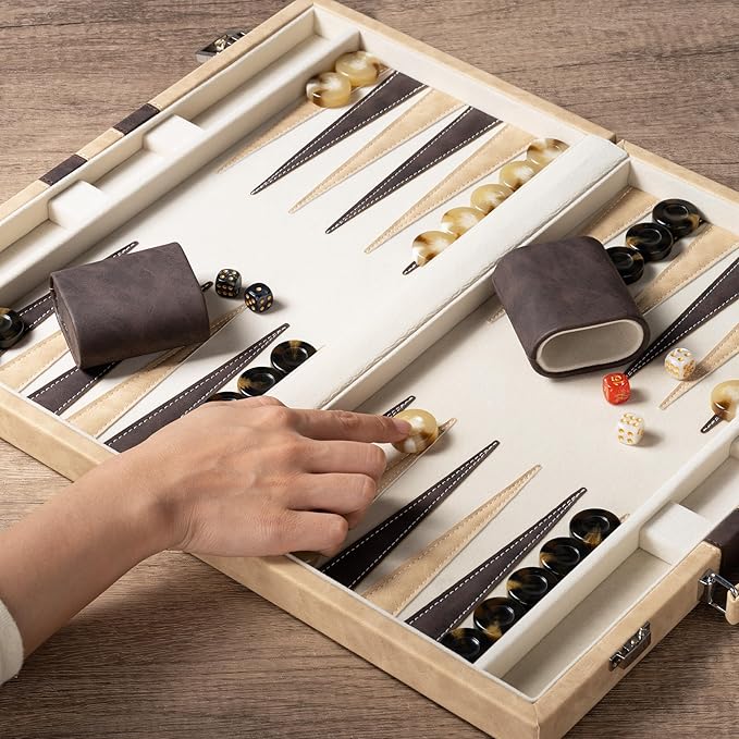 15inch Backgammon Sets for Adults Classic Board Game with Folding Leather Backgammon Case Faux Leather Exterior and Velvet Interior Portable Travel Game Set (Brown)