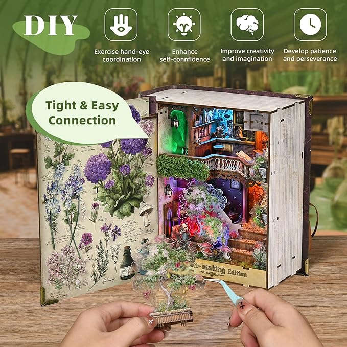 Book Nook Kit DIY Miniature Dollhouse Booknook Kit 3D Wooden Puzzle for Teens and Adults Bookend Bookshelf Insert Decor with LED Light (Potion-Making Edition)