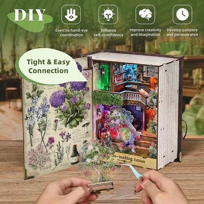 Book Nook Kit DIY Miniature Dollhouse Booknook Kit 3D Wooden Puzzle for Teens and Adults Bookend Bookshelf Insert Decor with LED Light (Potion-Making Edition)