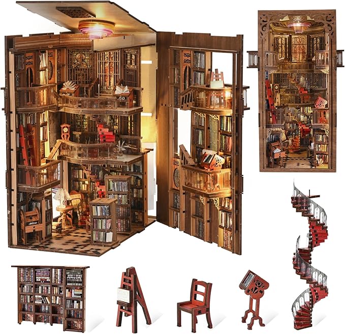 DIY Book Nook Kit - 3D Miniature Wooden Scene with LED Lights Dustcover &amp Tools for Shelf Decor (Abbey Library)