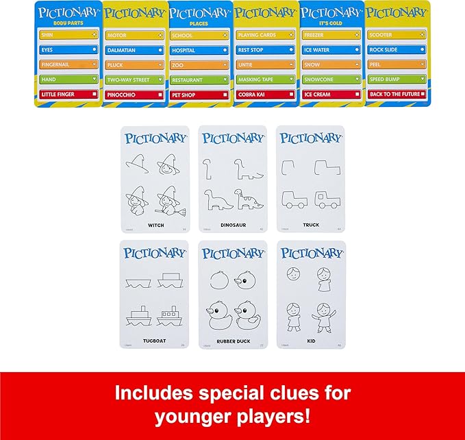 Mattel Games Pictionary Family Board Game for Kids Adults and Game Night for 2 Teams with Erasable Markers Boards and Sand Timer