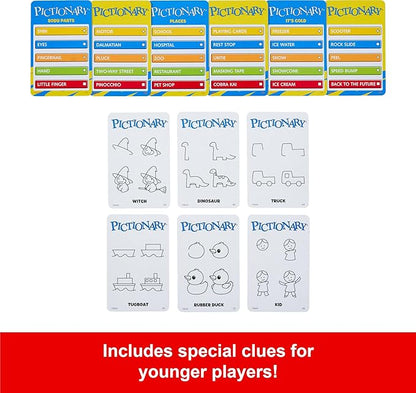 Mattel Games Pictionary Family Board Game for Kids Adults and Game Night for 2 Teams with Erasable Markers Boards and Sand Timer