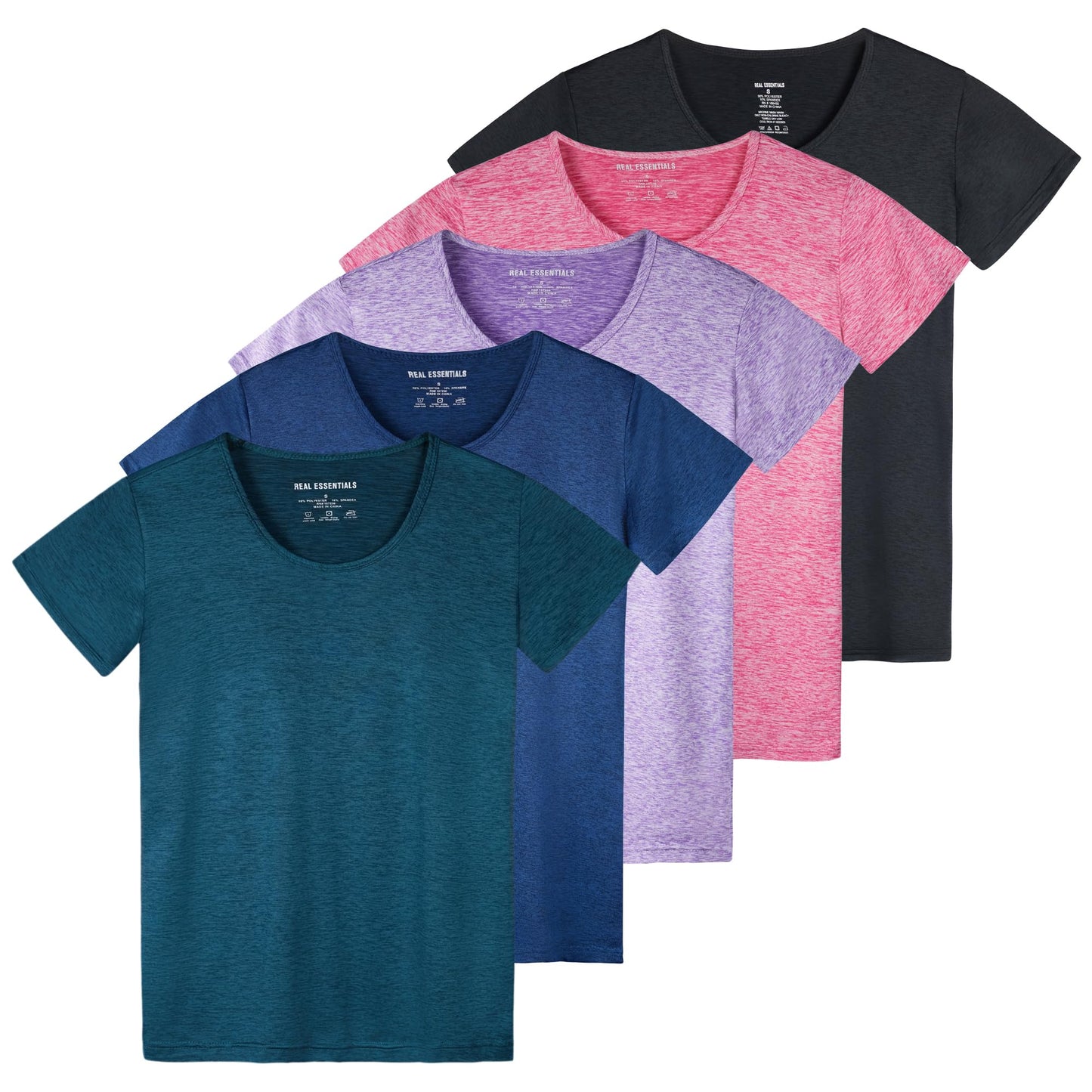 Real Essentials 5 Pack: Women's Short Sleeve T-Shirts Workout Tops Fitness Pilates Gym Activewear Athletic (Plus Available), Set 7, L, Pack of 5