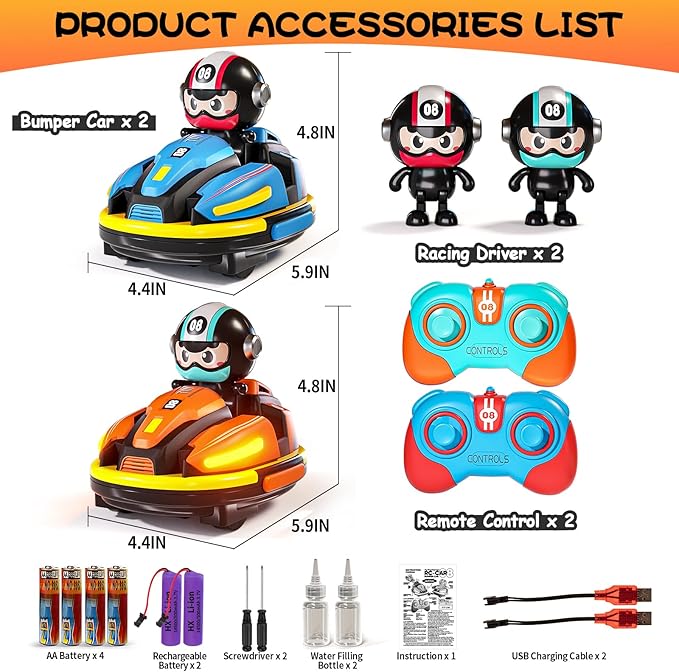 RC Bumper Cars Set for 2 Players 2.4 GHz Remote Control Battle Race Cars With Light &amp Music Toys for Toddlers Girls Boys Age 1-5 Years Christmas Birthday Gift