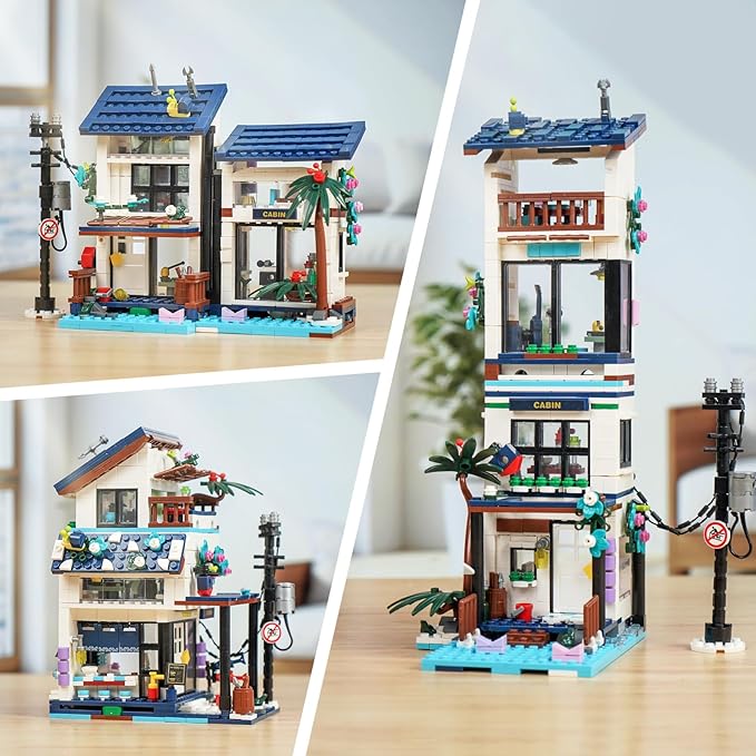 3 in 1 Beach House Building Set Compatible with Lego Friends Seaside Villa Construction Educational Toy with Light Birthday Gift for Kids Girls Aged 8-12 (813 PCS)