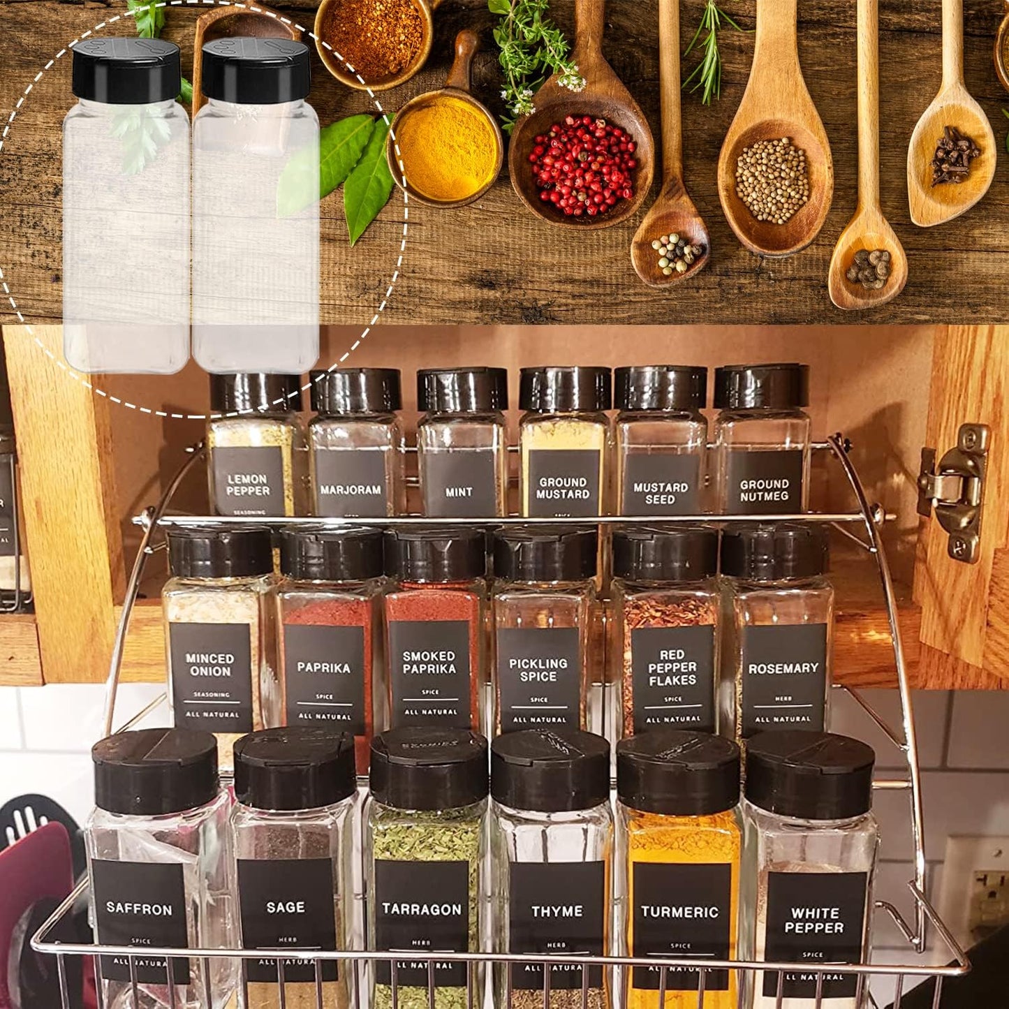 24 Pack 3.5 oz Square Plastic Spice Jars,Seasoning Containers with Black Screw Lids to Pour or Shake,Empty Storage Spice Containers for Spice,Powders,Peppers