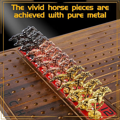 Horse Race Board Game Racing Game Thickened Solid Wood with 11 Luxurious Durable Classic Metal Horses with 2 Dice and 2 Boxes of Cards Horse Racing Game (Rustic Brown Rectangle)