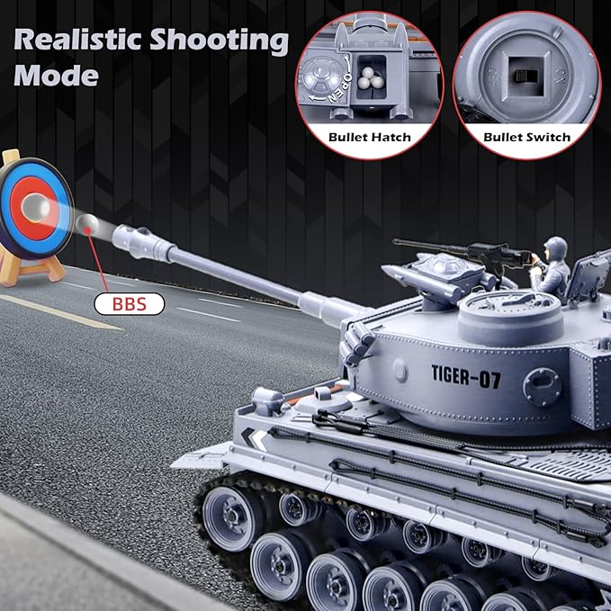 1/18 Remote Control Tank German Tiger - Gray RC Tank Thats Shoots BBS 60 Minute Playing Time Smoke Sound LED Lights Excellent Gift for Kids and Adults