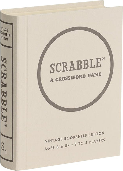 WS Game Company Scrabble Vintage Bookshelf Edition Linen Fabric-Wrapped Book Case with Solid Wood Tiles and Racks Classic Retro Scrabble Board Game for Family Night 2 to 4 Players Ages 8+