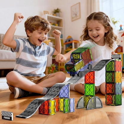 Magnetic Downhill Racer Set 40-Piece with Car &amp Tracks STEM Magnetic Tiles Building Toys for Kids Ages 3-8 Montessori Learning Toys with Reinforced Slopes &amp Loop Pieces