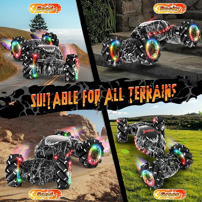 RC Stunt Car 2.4GHz LED Gesture Sensing 4WD Double Sided Rotation with Lights and Music All Terrain Rotation Drift Car - Birthday Gifts for Boys &amp Girls (Black)