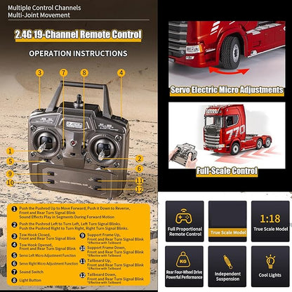 19Channels 770S Hobby RC Tractor Truck Toys 1/18 Scale Light Sound Effects Remote Control Lorry Car Vehicle Trailer for 14y+ Beginners Adults + (6-Wheels)
