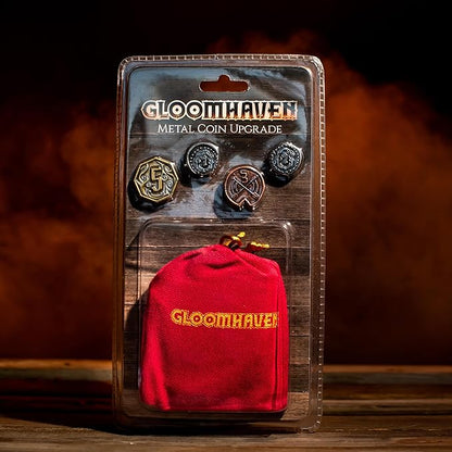 Cephalofair Games: Gloomhaven: Metal Coin Upgrade - 60 Coins &amp Drawstring Bag Board Game Accessory Metal Currency Detailed Art