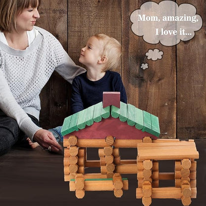 Wondertoys 90 Pieces Classic Wood Cabin Logs Set Building Log Toy for Children Farm House Construction Educational Toys for 3 4 5 6 Years Old