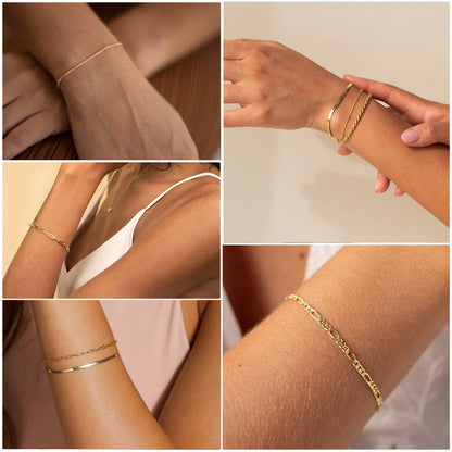 DEARMAY Gold Bracelets for Women 14K Real Gold Plated Jewelry Sets Stack Trendy Dainty Stackable Paperclip Rope Snake Box Figaro Chain Bracelets Pack Costume Fashion Filled Gifts